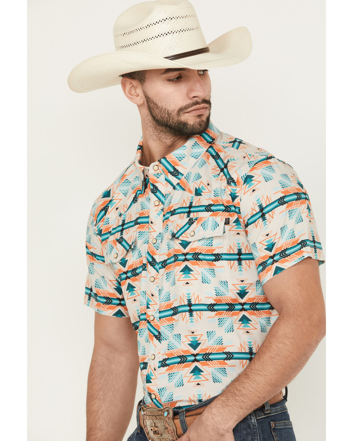 Image #2 - Panhandle Men's Boot Barn Exclusive TEK Southwestern Print Short Sleeve Performance Western Shirt, Cream, hi-res