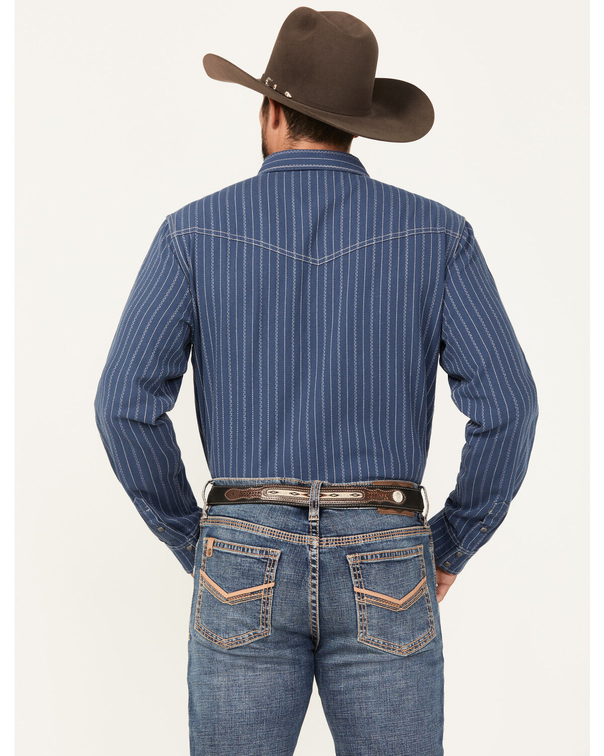 Image #4 - Blue Ranchwear Men's Vintage Striped Long Sleeve Snap Western Shirt, Navy, hi-res