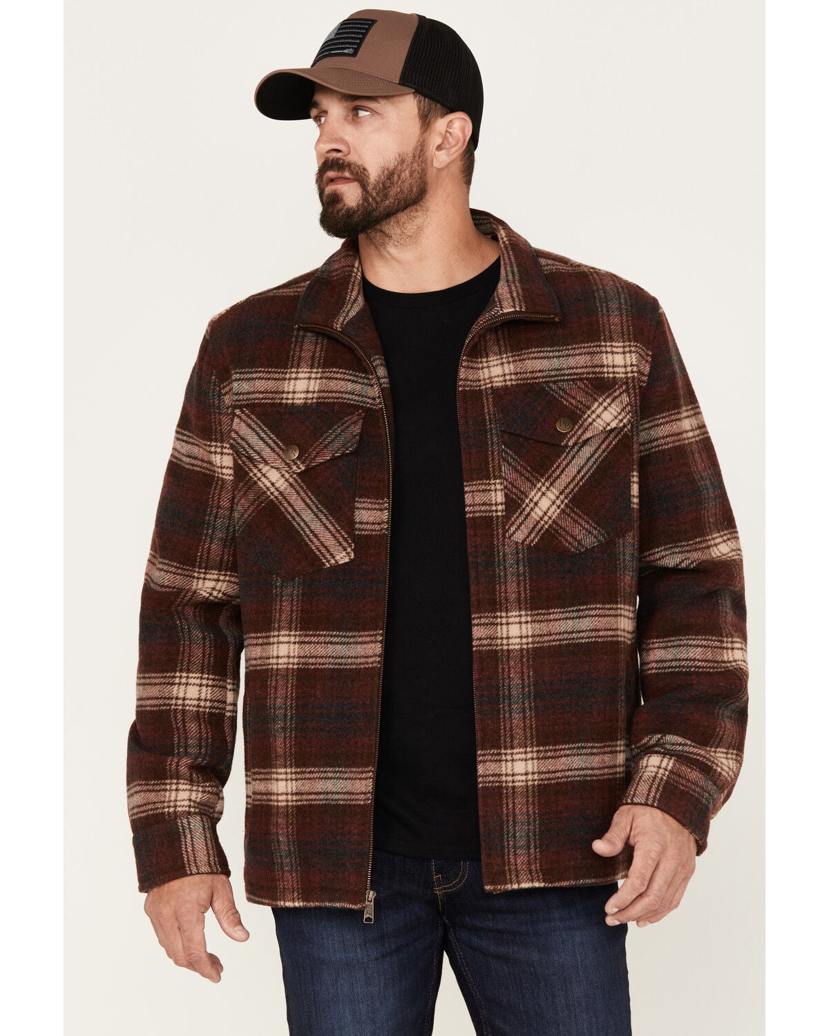 Powder River Outfitters Men's Plaid Print Full-Zip Wool Jacket, Burgundy, hi-res