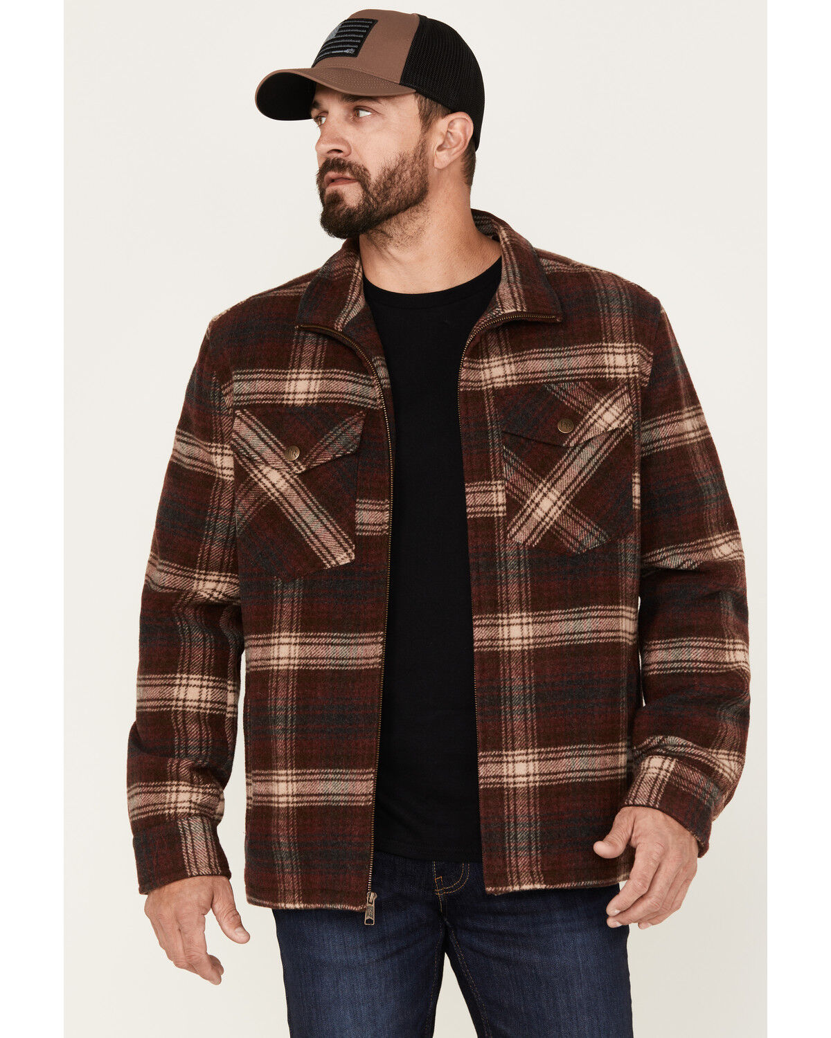 Image #1 - Powder River Outfitters Men's Plaid Print Full-Zip Wool Jacket, Burgundy, hi-res
