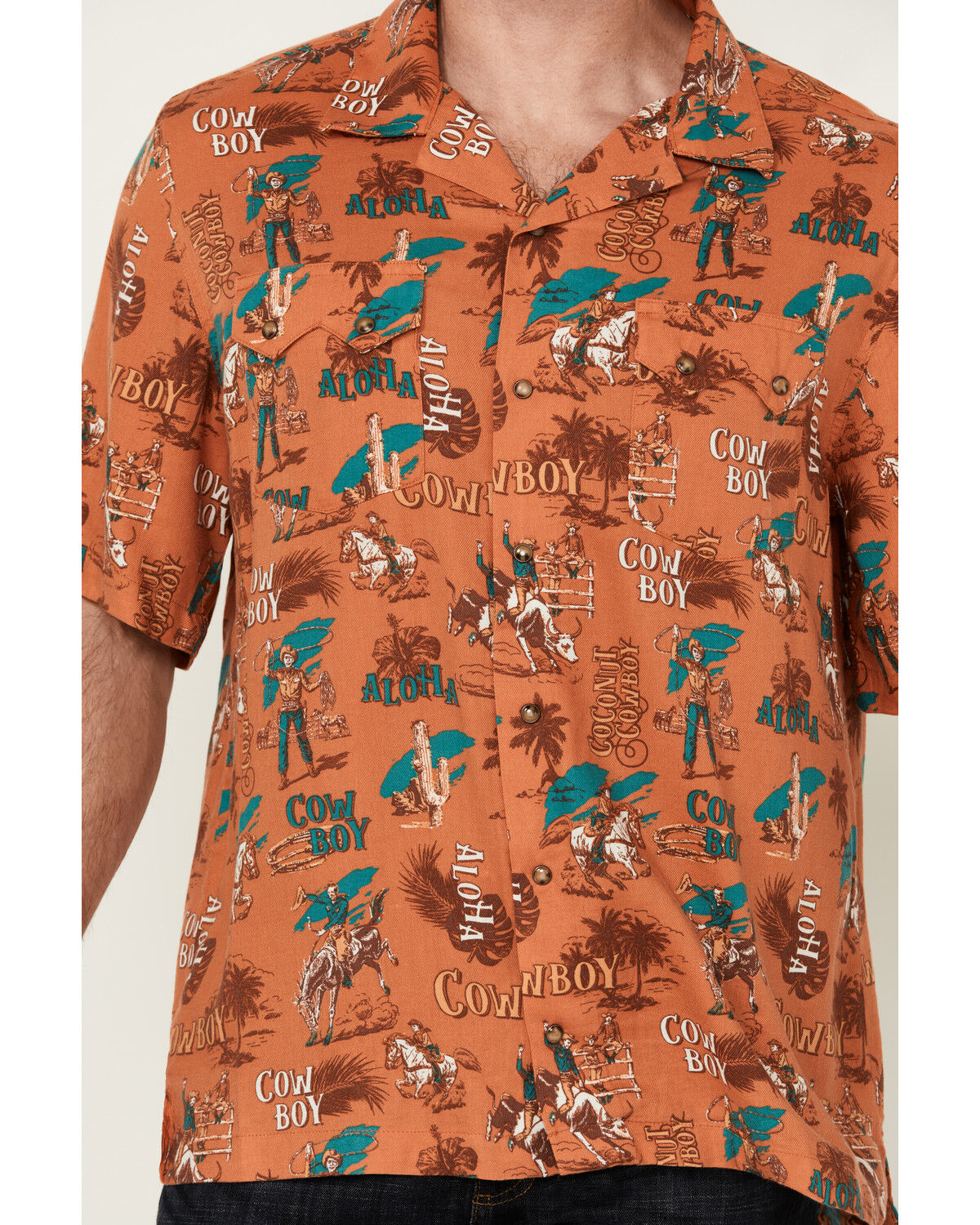 Image #3 - Wrangler Men's Conversation Print Short Sleeve Snap Western Shirt, Orange, hi-res