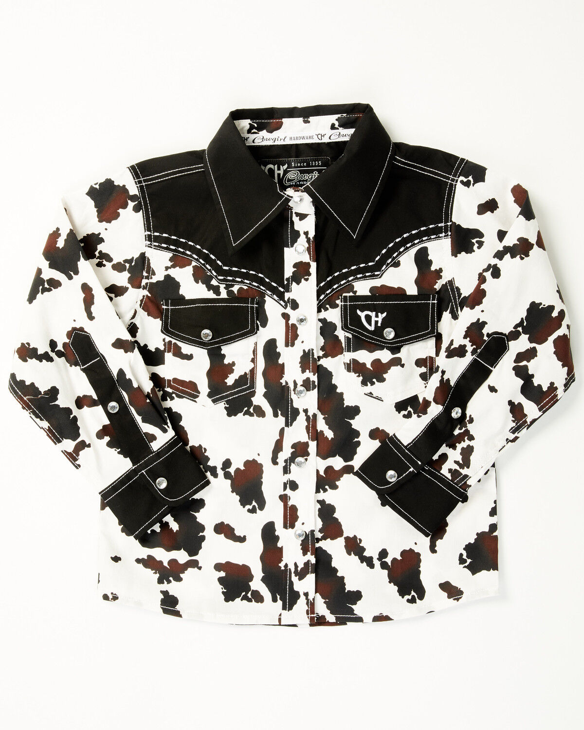 Image #1 - Cowgirl Hardware Toddler Girls' Moody Cow Print Long Sleeve Rhinestone Snap Stretch Western Shirt, Black, hi-res