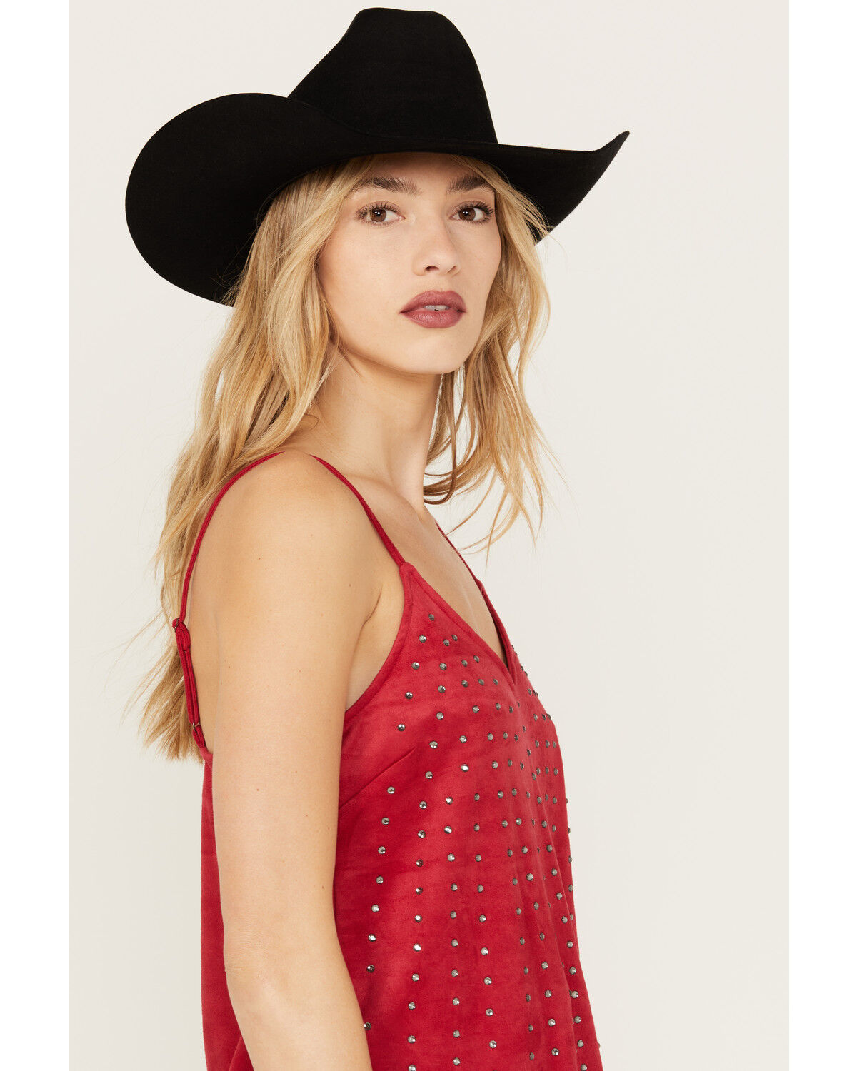 Image #2 - Vocal Women's Studded Faux Suede Cami Top, Red, hi-res