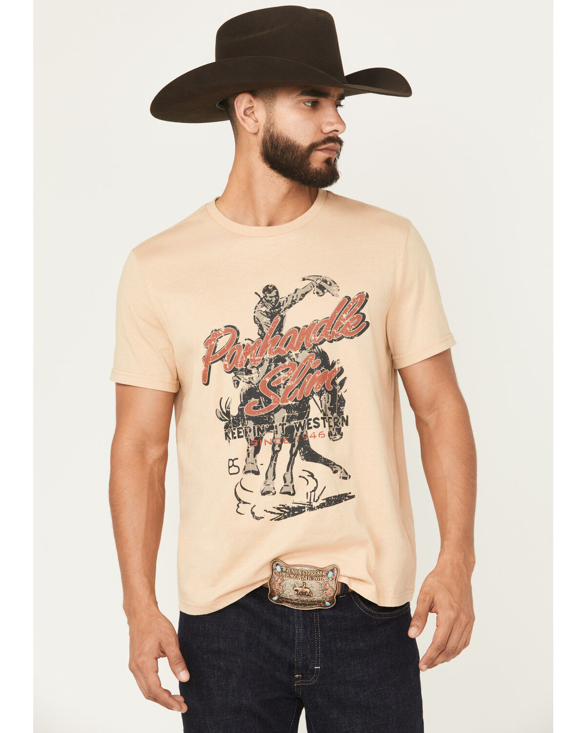 Image #1 - Panhandle Men's Cowboy Short Sleeve Graphic T-Shirt, Tan, hi-res