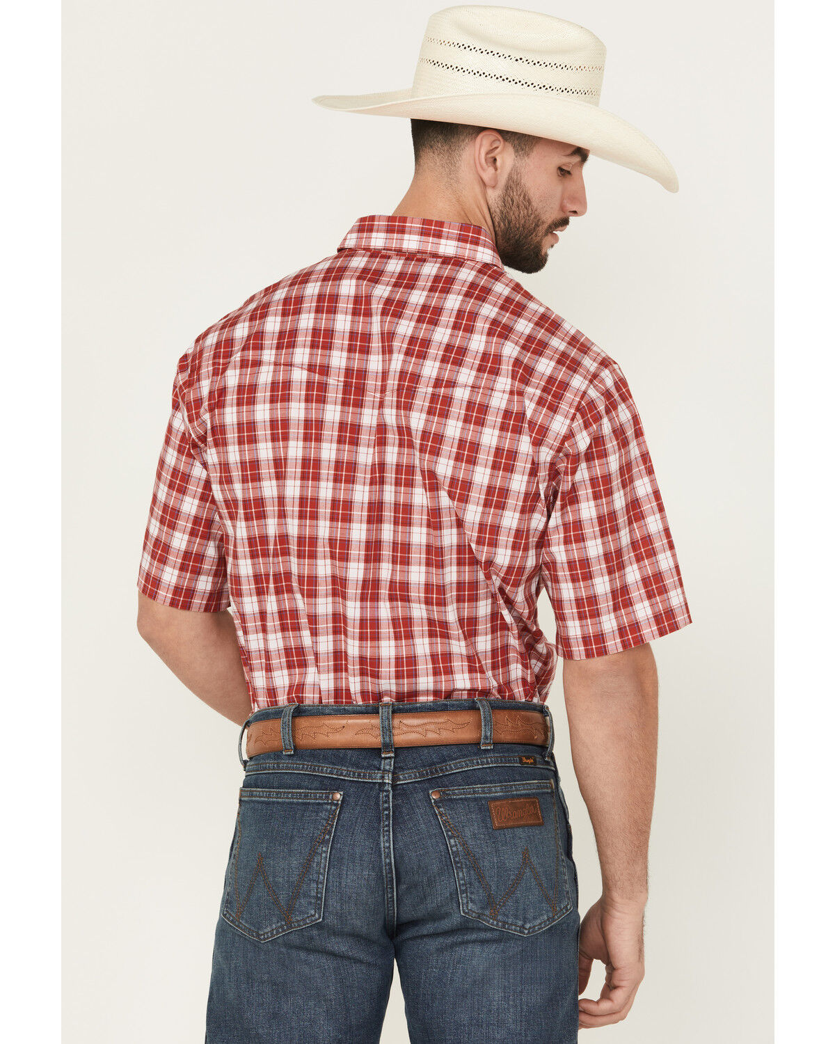 Image #4 - Wrangler Men's Wrinkle Free Plaid Print Short Sleeve Pearl Snap Stretch Western Shirt, Red, hi-res