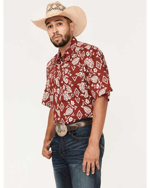 Image #2 - Roper Men's Floral Print Short Sleeve Pearl Snap Western Shirt, Red, hi-res