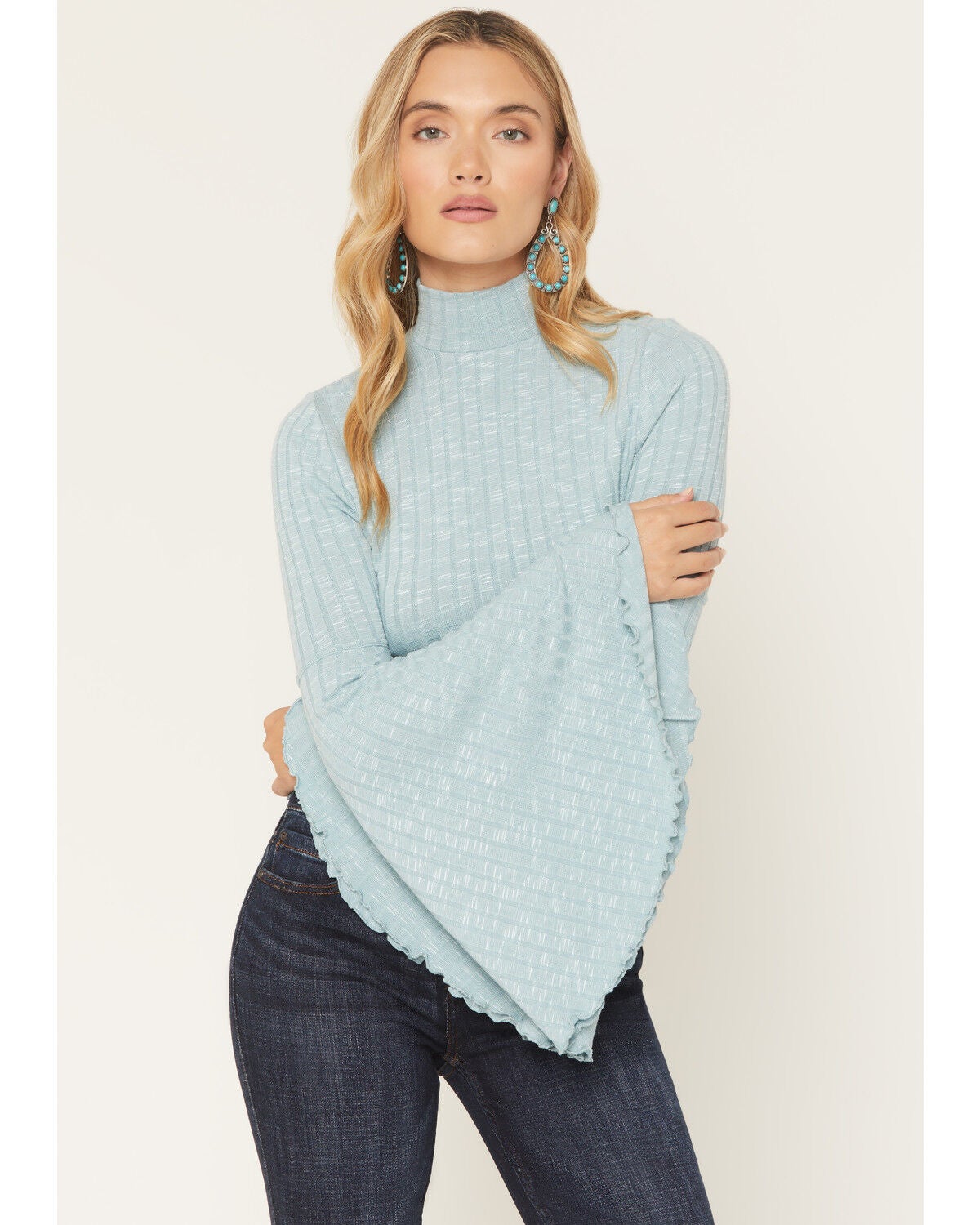 Shyanne Women's Solid Long Bell Sleeve Shirt, Aqua, hi-res
