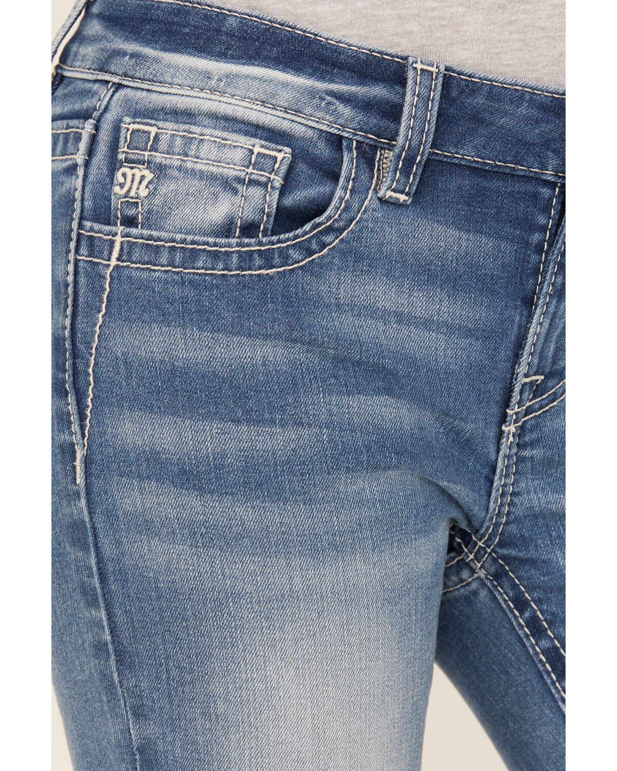 Image #4 - Miss Me Girls' Medium Wash Fleur de Lis Pocket Flare Stretch Denim Jeans, Blue, hi-res