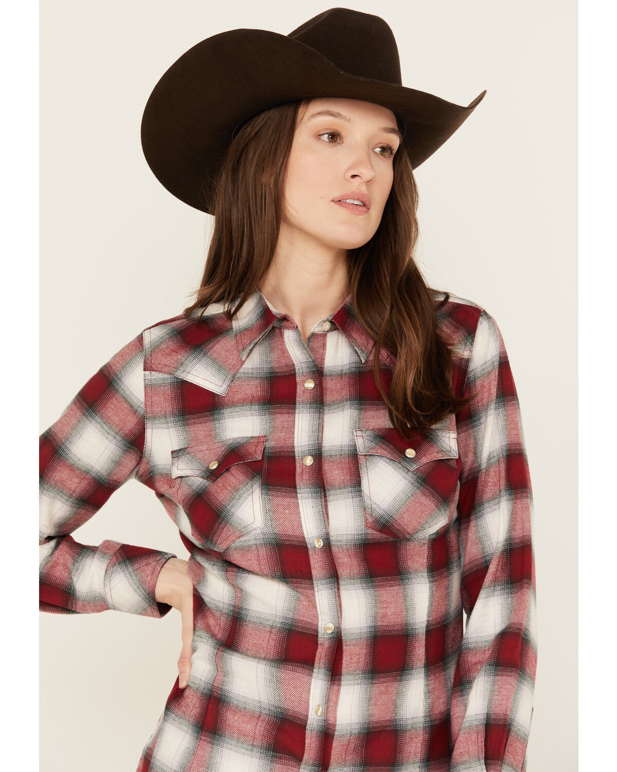 Image #2 - Wrangler Retro Women's Boot Barn Exclusive Long Sleeve Snap Western Flannel Shirt, Burgundy, hi-res