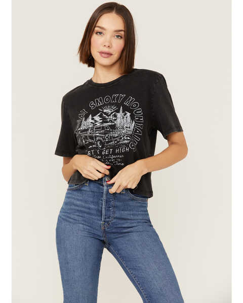 Image #1 - Cleo + Wolf Women's Great Smoky Mountains Graphic Boxy Crop Tee, Black, hi-res