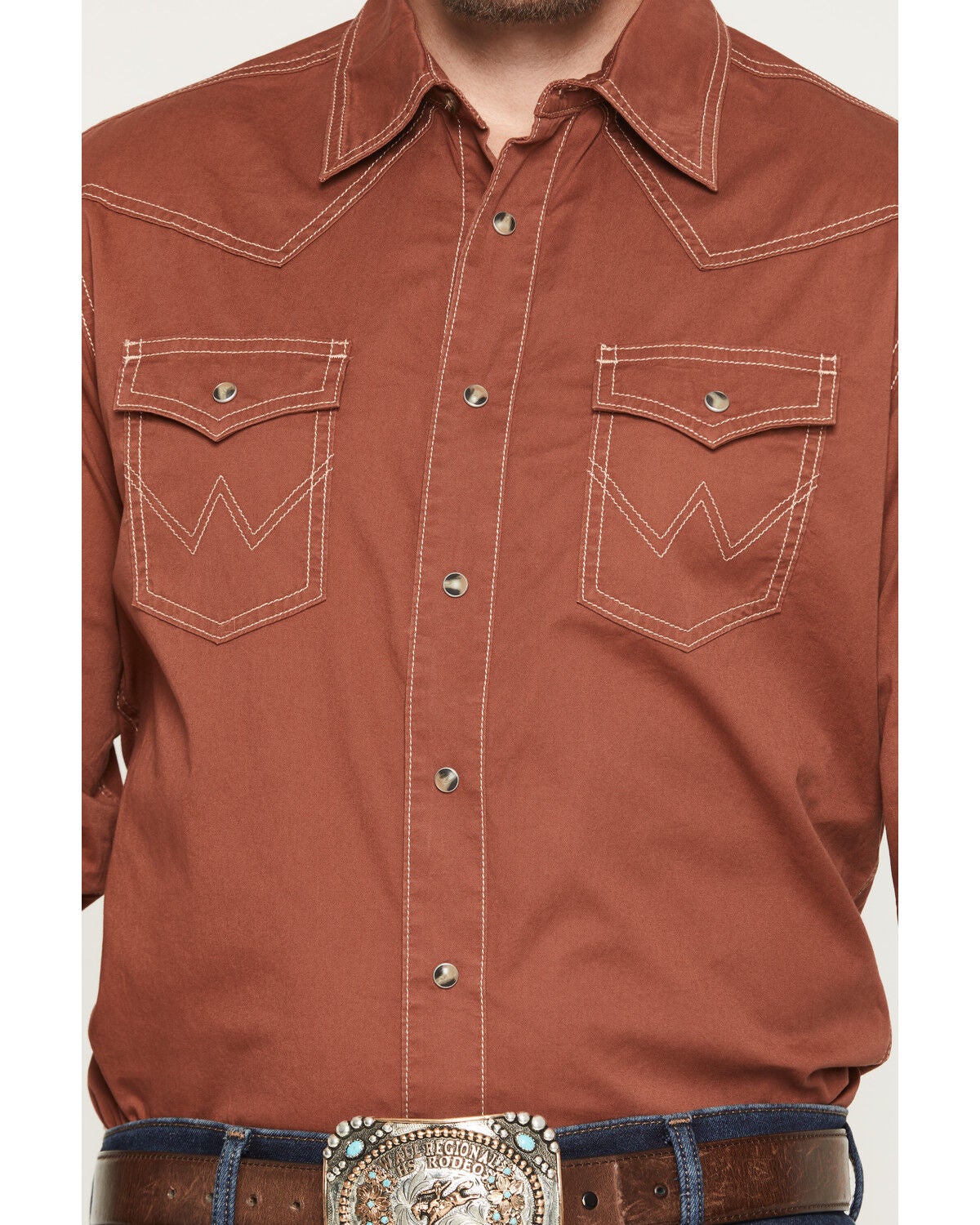 Image #3 - Wrangler Retro Men's Solid Long Sleeve Snap Western Shirt, Rust Copper, hi-res