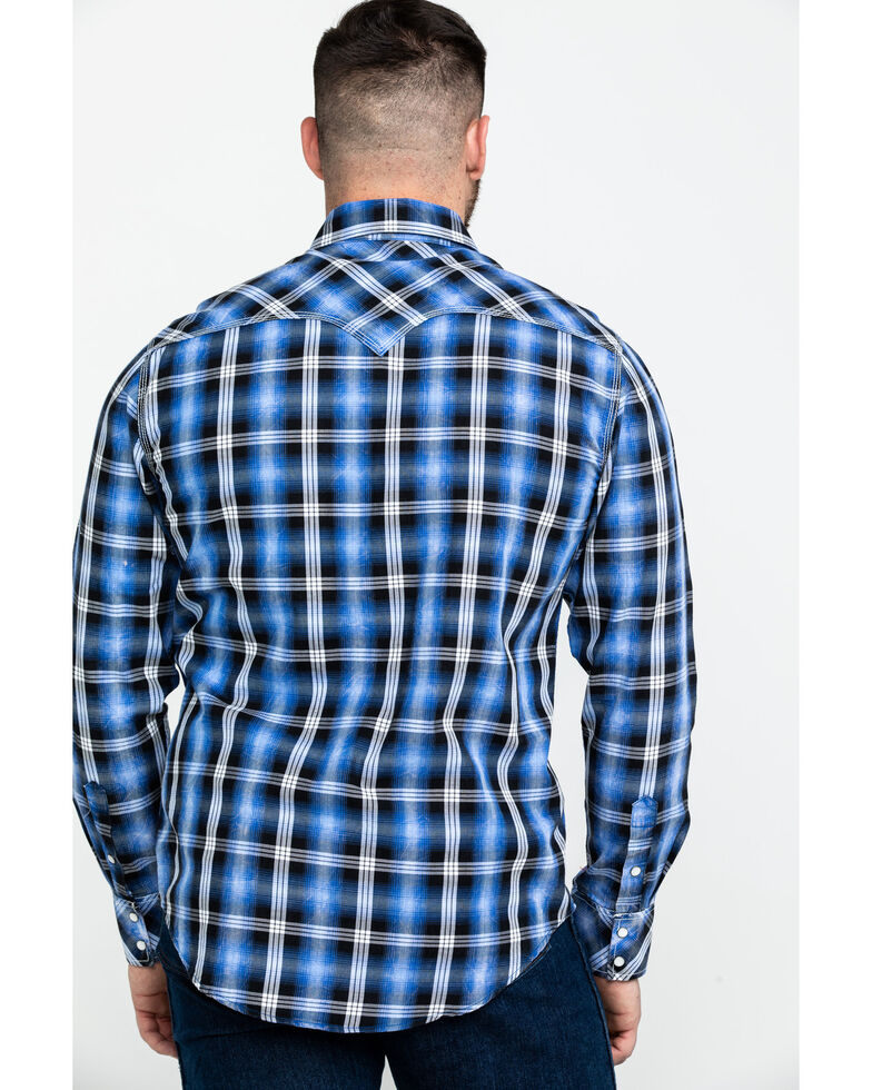 Rock & Roll Denim Men's Crinkle Herringbone Plaid Long Sleeve Western Shirt , Blue, hi-res