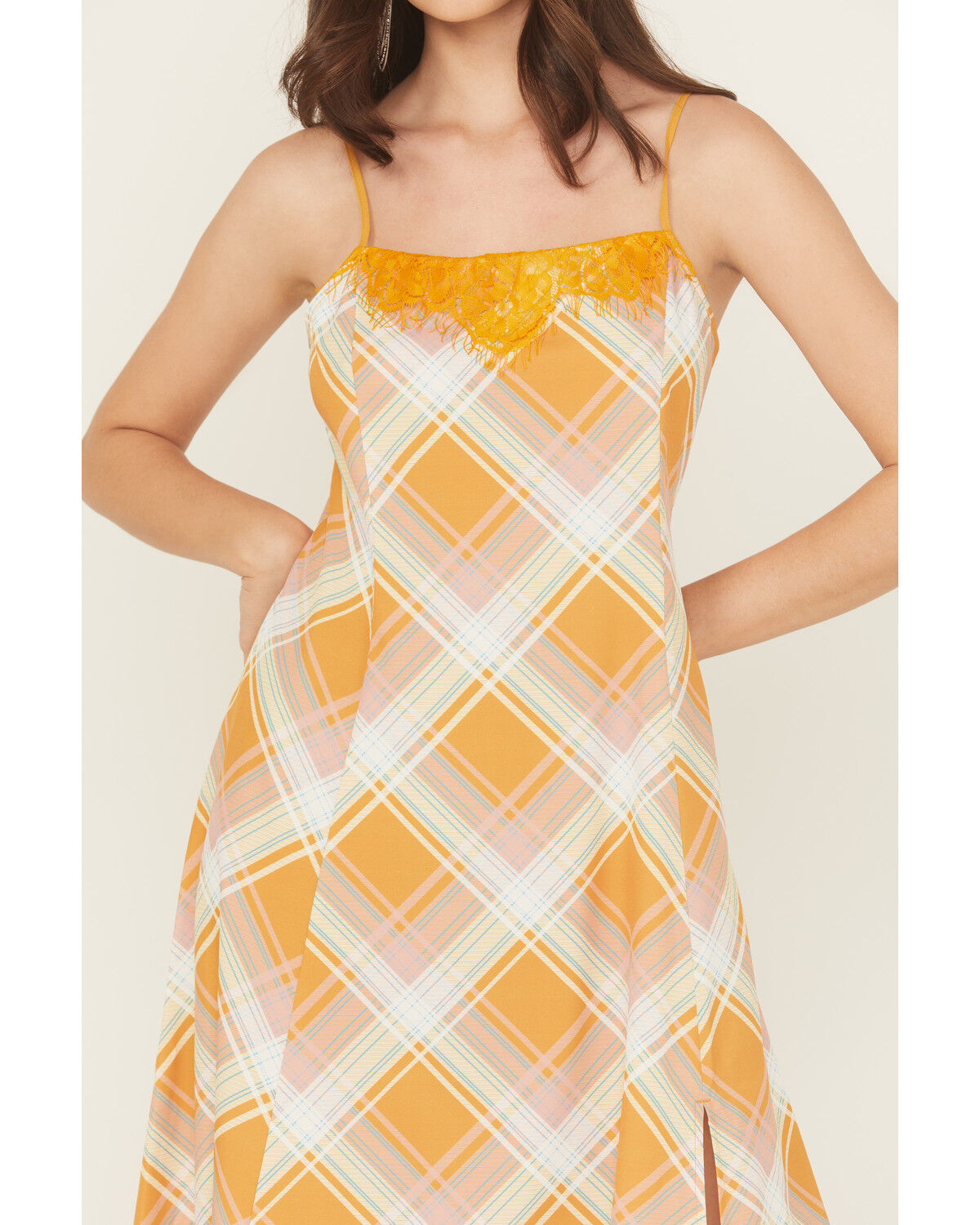 Image #3 - Beyond The Radar Women's Plaid Print Lace Trim Sleeveless Maxi Dress, Gold, hi-res
