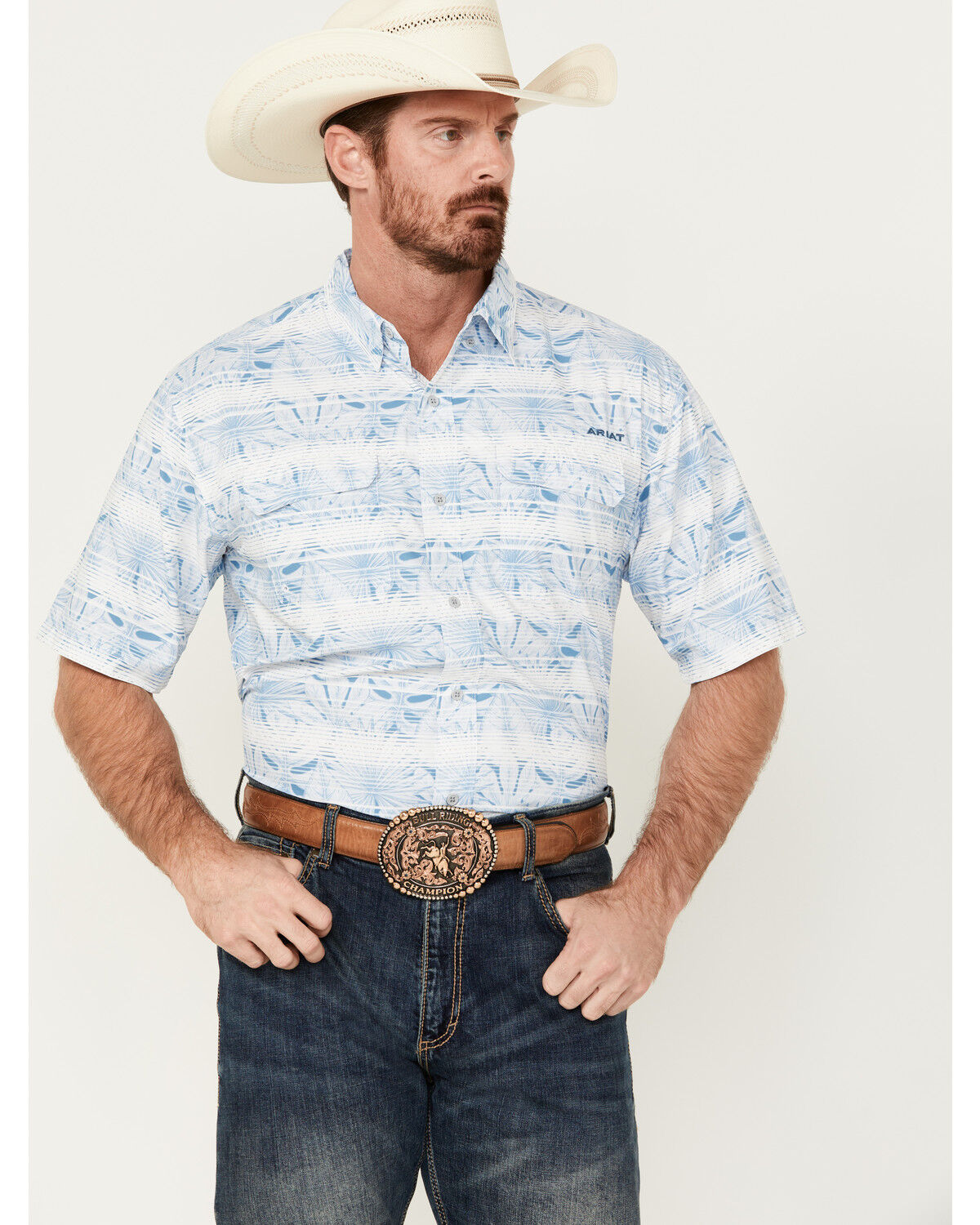 Image #1 - Ariat Men's VentTEK Outbound Striped Leaf Print Short Sleeve Performance Shirt - Tall, Light Blue, hi-res
