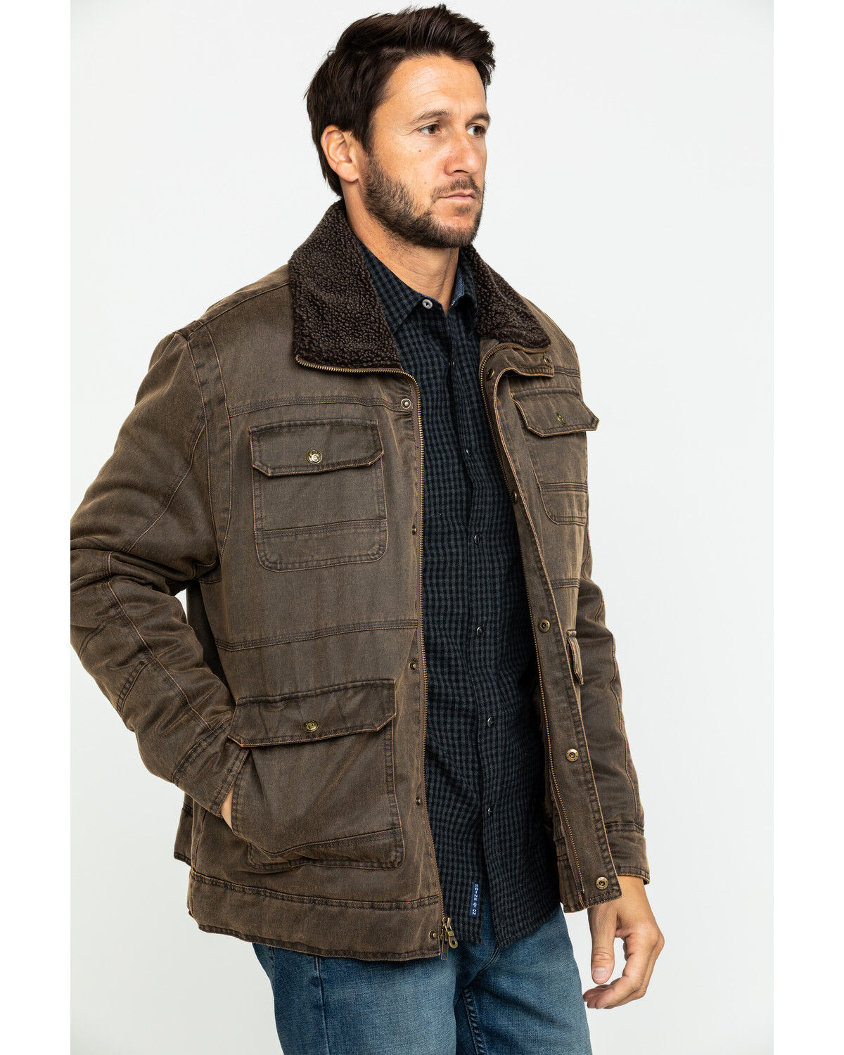 Image #3 - Cripple Creek Men's Enzyme Washed Storm Flap Sherpa Jacket, Chocolate, hi-res