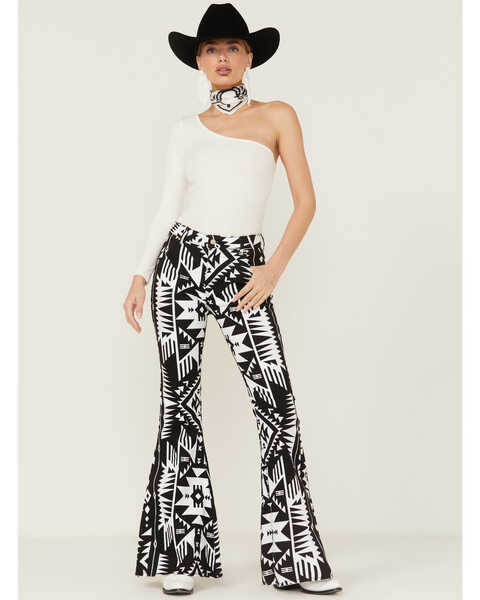Ranch Dress'n Women's Black & White Southwestern Print Super Flare Pants, Black, hi-res