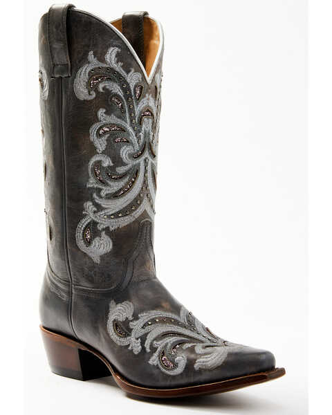 Shyanne Women's Iona Floral Studded Western Boots - Snip Toe , Grey, hi-res