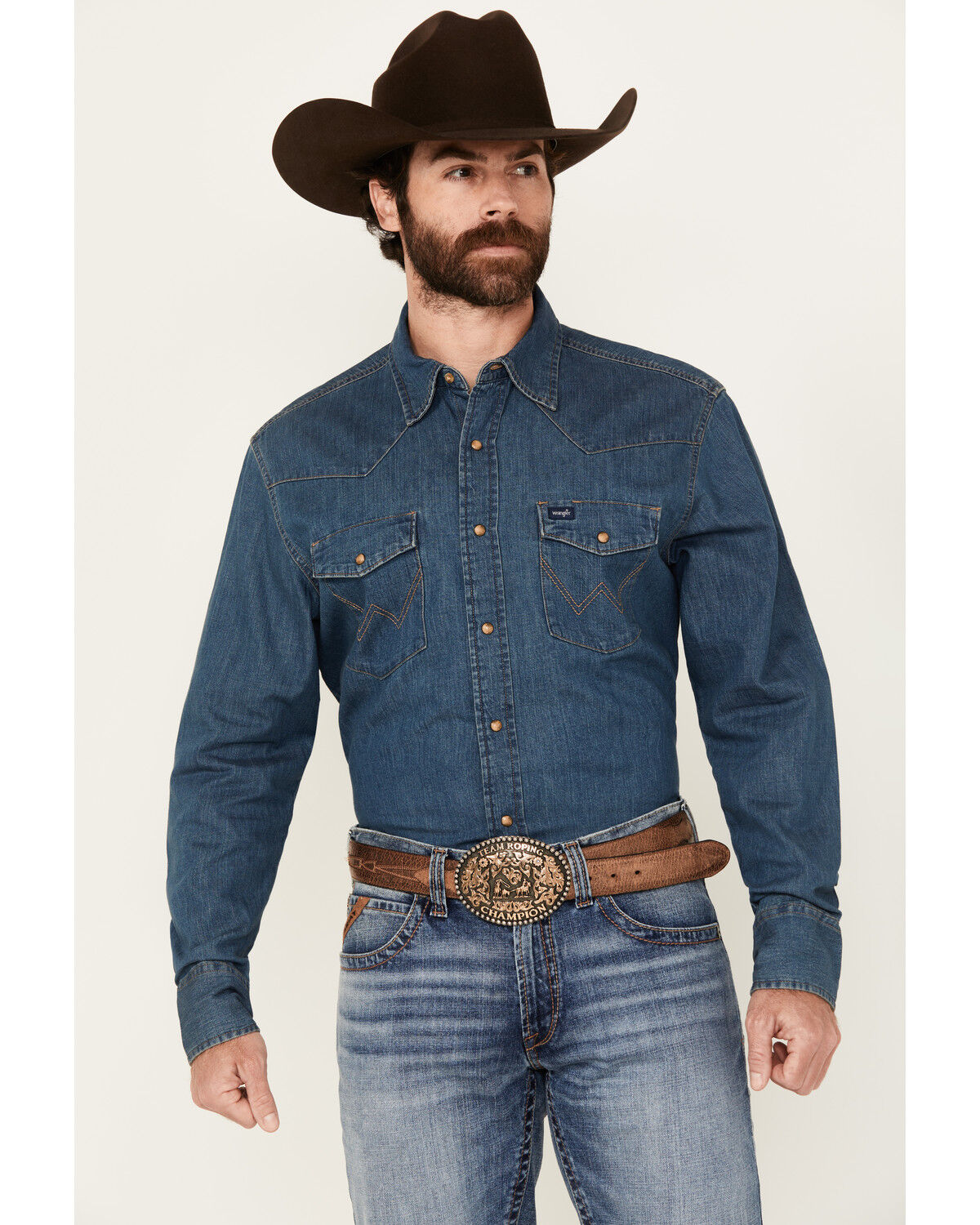 Image #1 - Wrangler Men's Dark Wash Denim Long Sleeve Snap Western Shirt, Dark Wash, hi-res