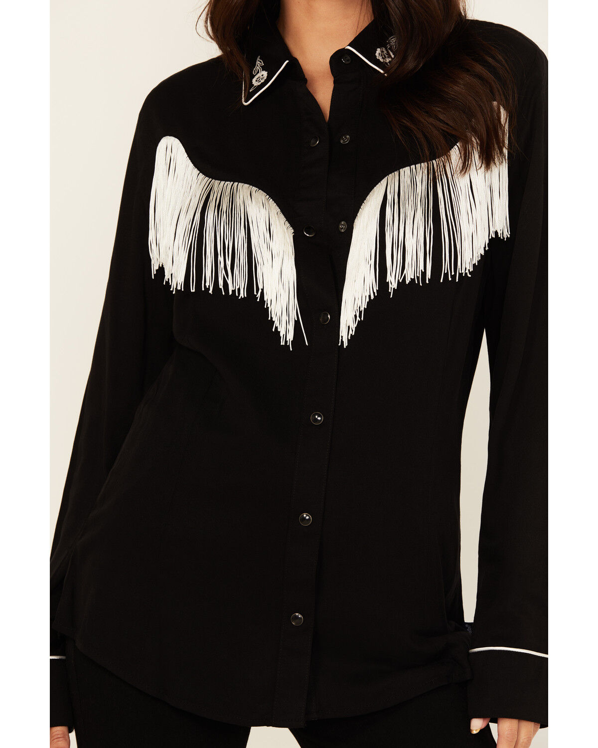 Image #4 - Wrangler Women's Fringe Long Sleeve Snap Western Shirt, Black, hi-res