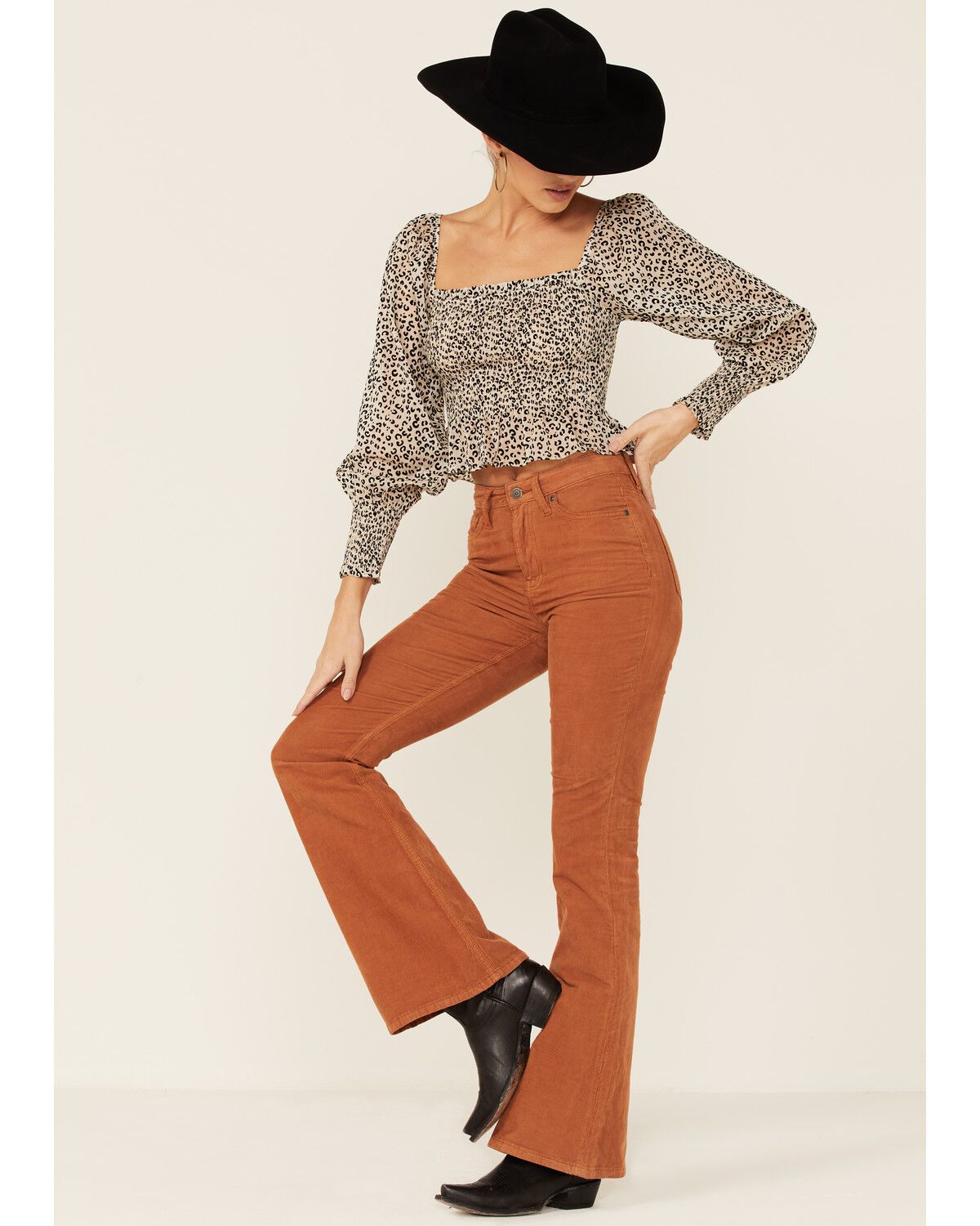 Image #4 - Lush Women's Long Sleeve Cheetah Smocked Crop Top, , hi-res
