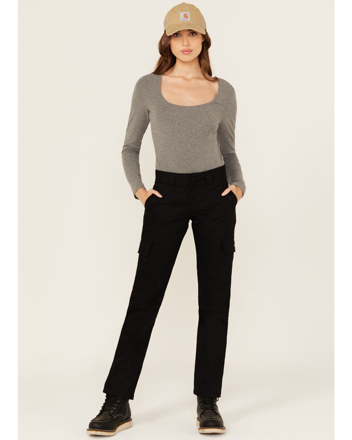 Image #1 - Dickies Women's Mid Rise Straight Stretch Twill Cargo Work Pants, Black, hi-res