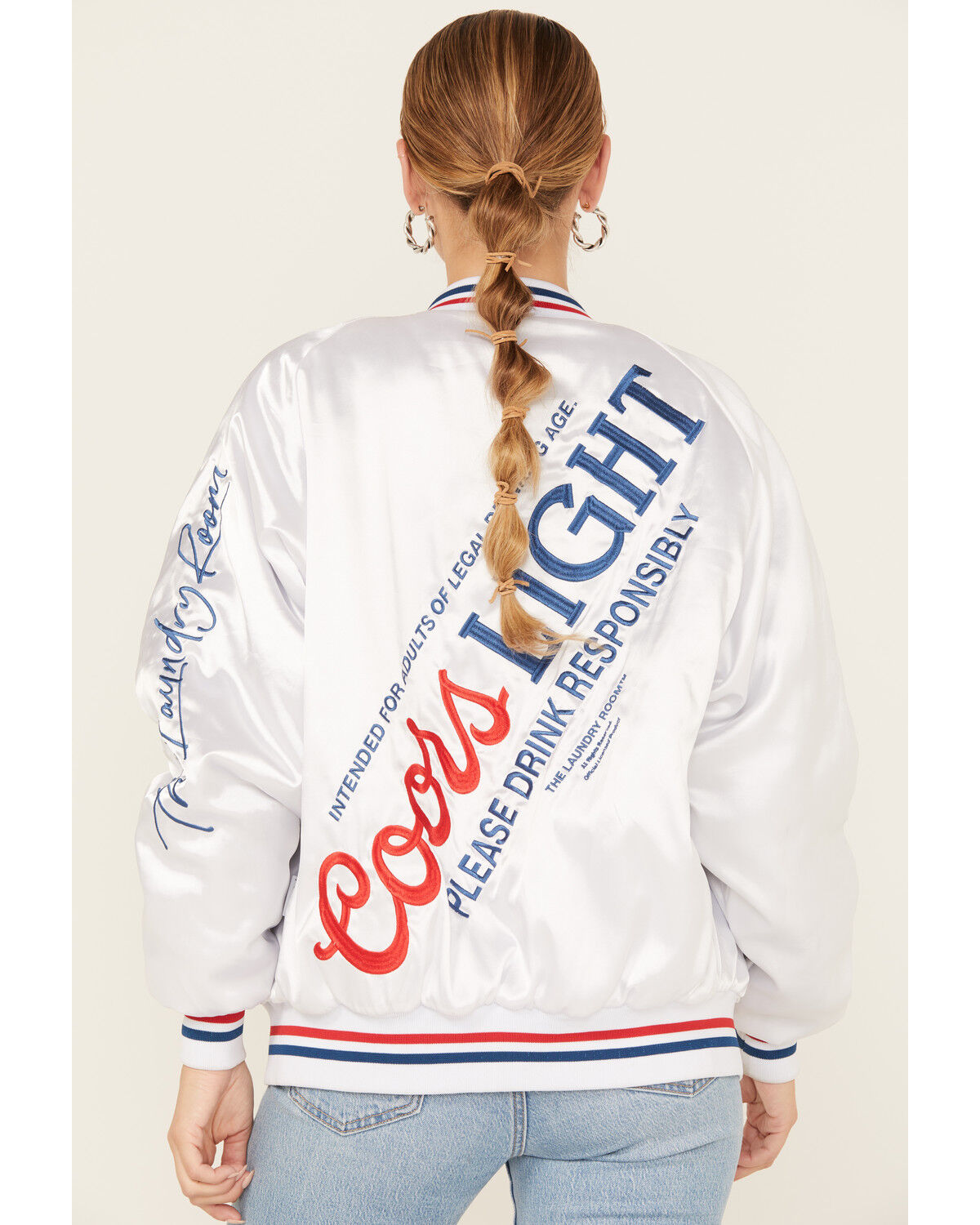 Image #4 - The Laundry Room Women's Faux Satin Coors Light Bomber Jacket, White, hi-res