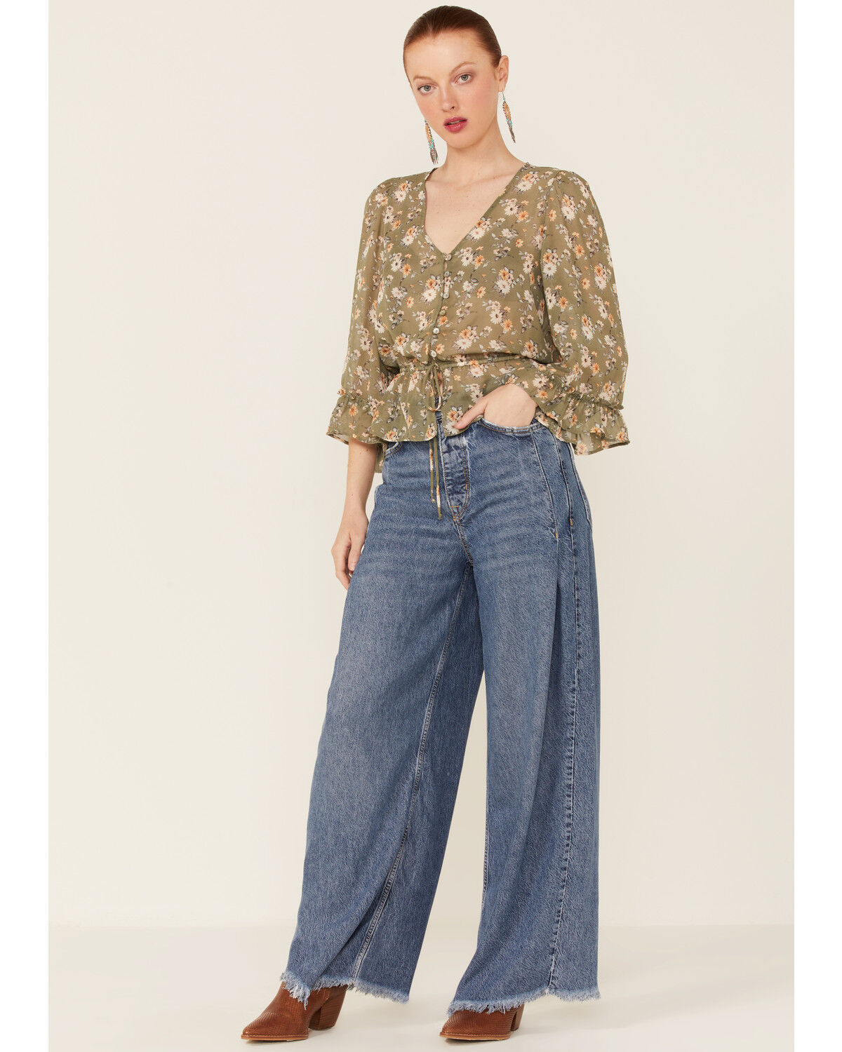 Image #4 - Wild Moss Women's Olive Floral Chiffon Bell Sleeve Blouse, , hi-res