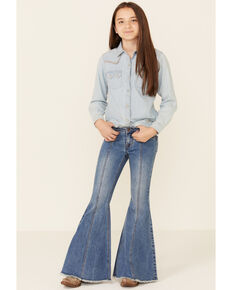 Rock & Roll Denim Girls' Medium Wash Fray Hem Bell Bottom Jeans , Light Blue, hi-res