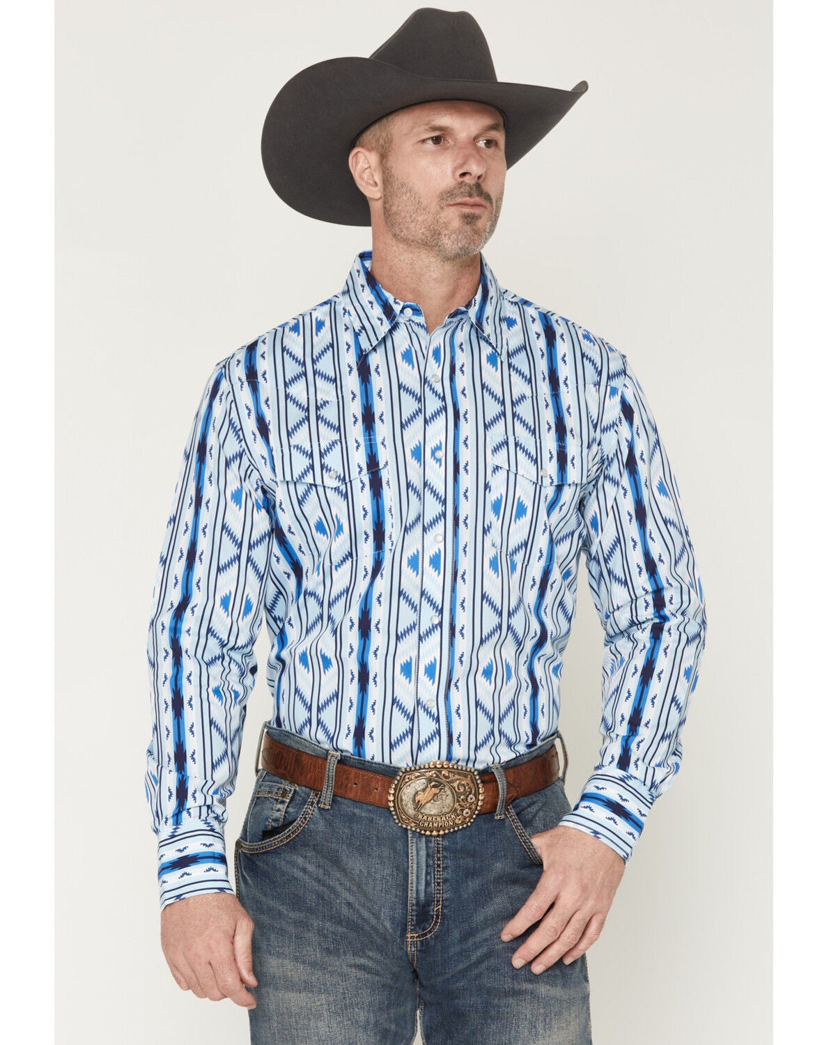 Wrangler Men's Checotah Southwestern Striped Long Sleeve Pearl Snap Western Shirt - Tall, Blue, hi-res