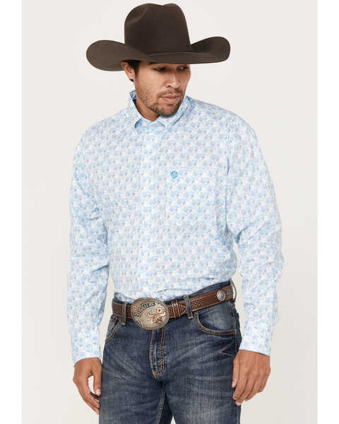 George Strait by Wrangler Men's Paisley Print Long Sleeve Button Down Western Shirt, Light Blue, hi-res
