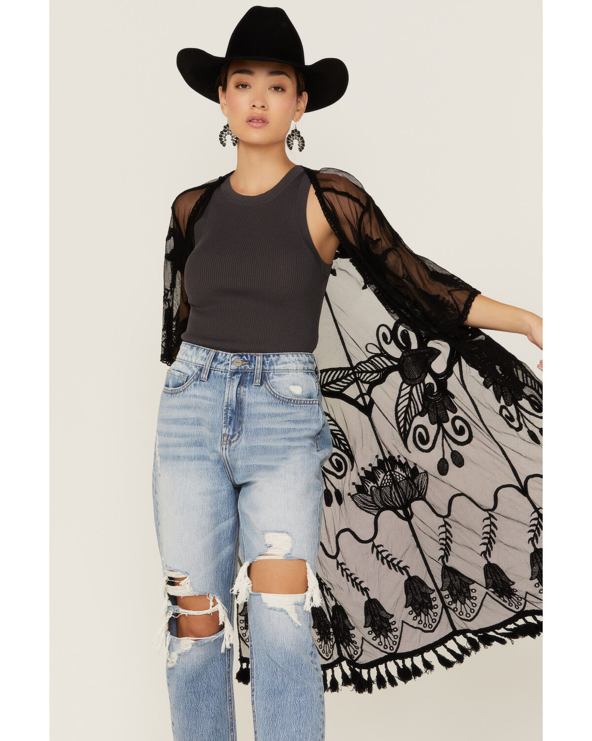 Image #2 - Shyanne Women's Lace Tassel Kimono, Black, hi-res