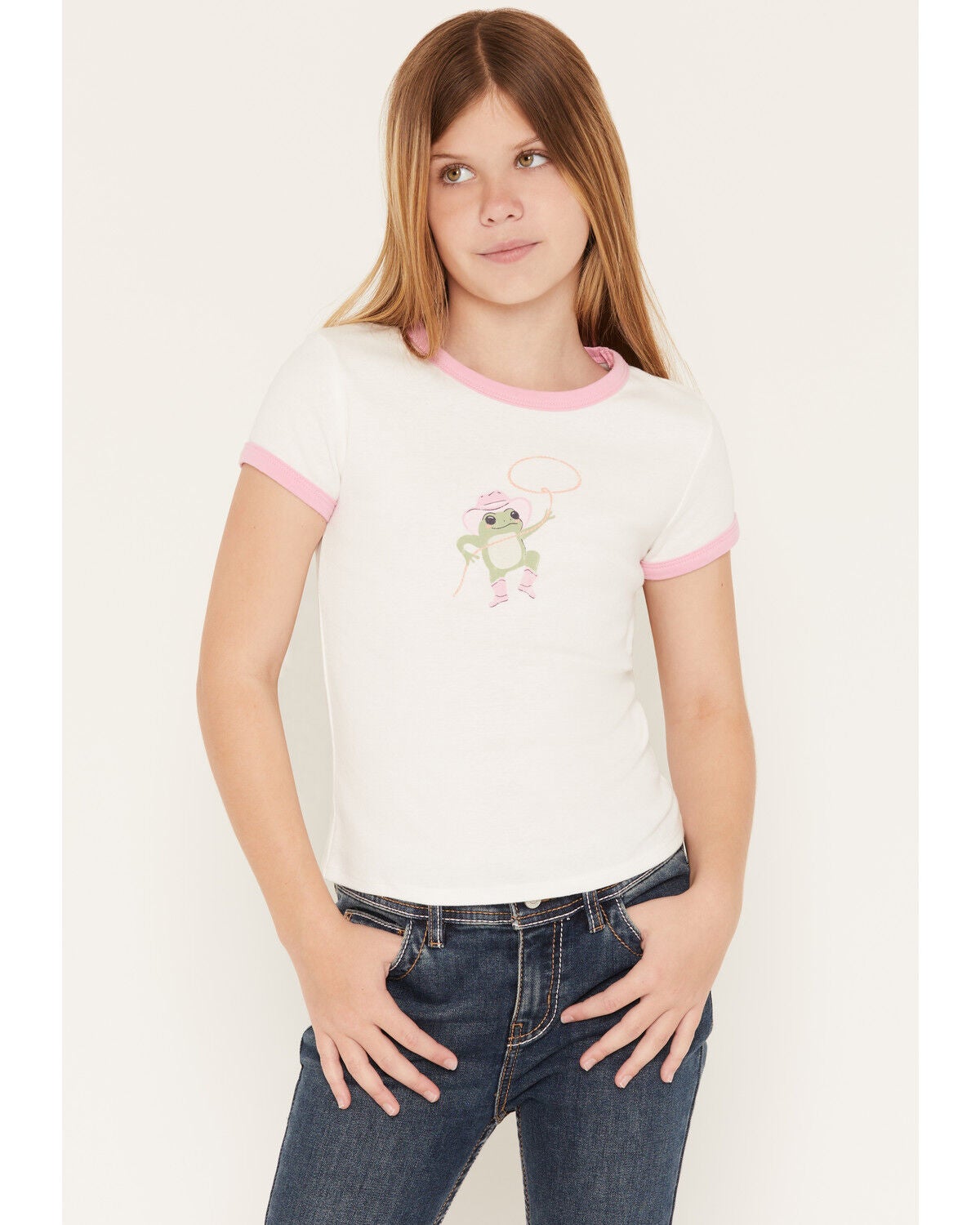 Originality Girls' Cowgirl Frog Short Sleeve Ringer Tee, Ivory, hi-res
