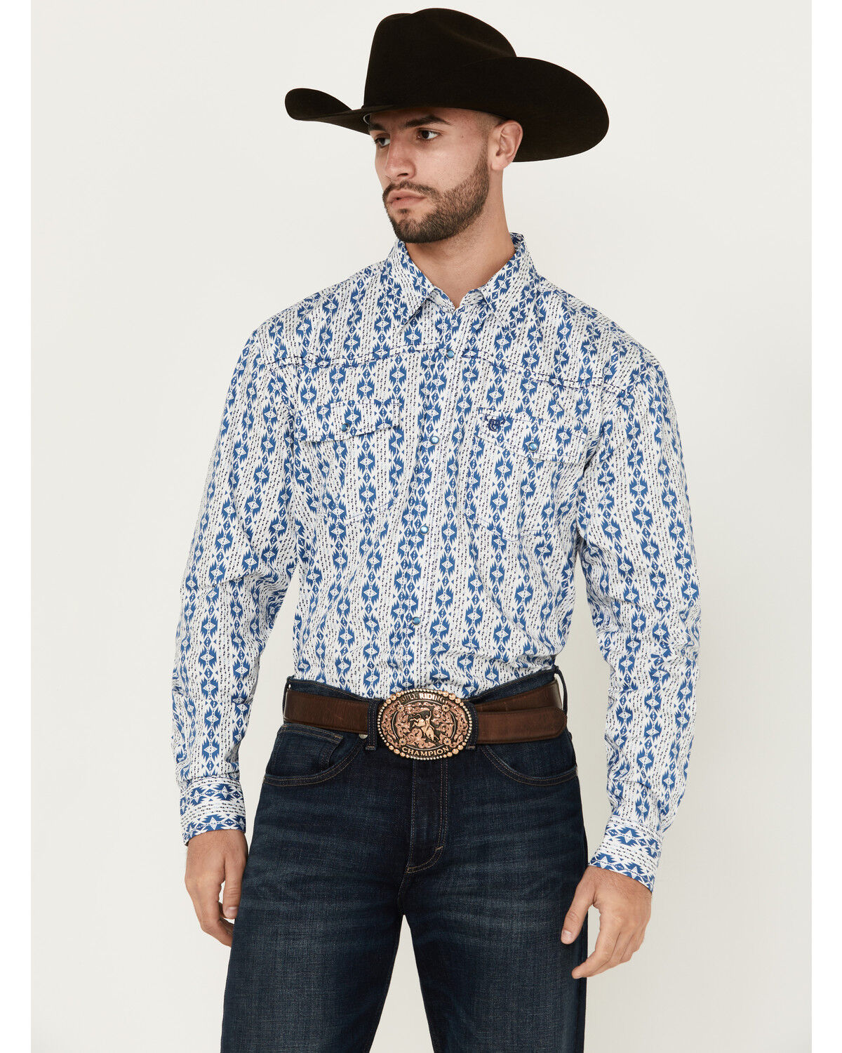Image #1 - Cowboy Hardware Men's Tonal Southwestern Print Long Sleeve Pearl Snap Western Shirt, White, hi-res