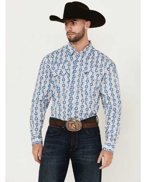 Cowboy Hardware Men's Tonal Southwestern Print Long Sleeve Pearl Snap Western Shirt, White, hi-res