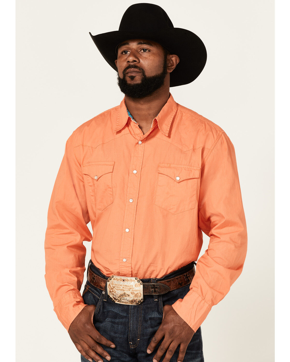 Image #1 - Roper Men's Poplin Long Sleeve Pearl Snap Western Shirt, Orange, hi-res