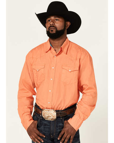 Roper Men's Poplin Long Sleeve Snap Western Shirt , Orange, hi-res