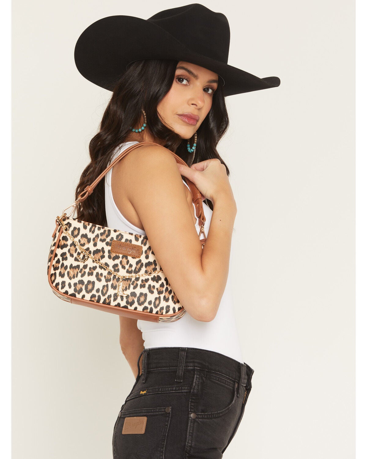 Wrangler Women's Boot Barn Exclusive Leopard Print Shoulder Bag with Chain, Brown, hi-res