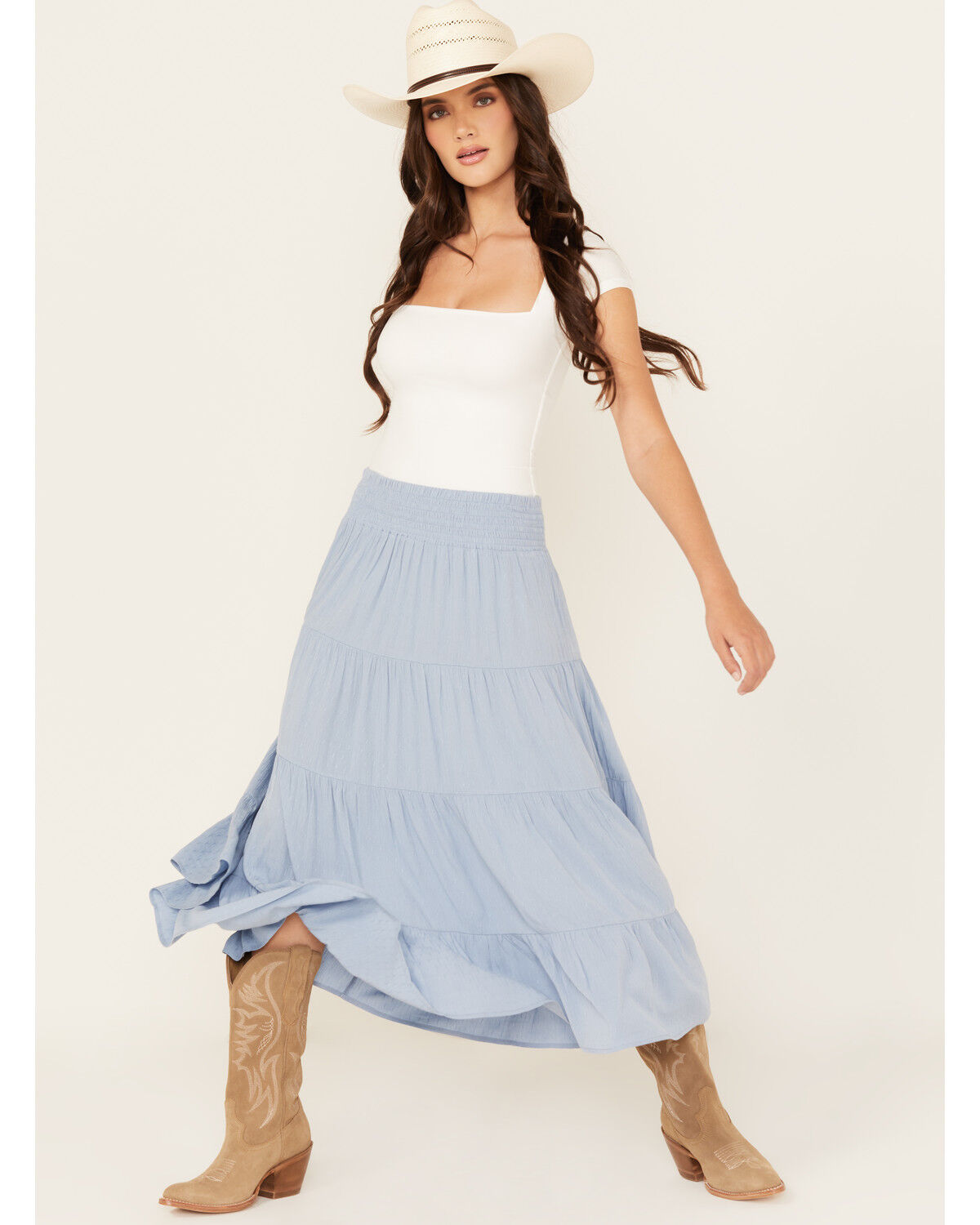 Image #1 - Wild Moss Women's Tiered Midi Skirt, Light Blue, hi-res