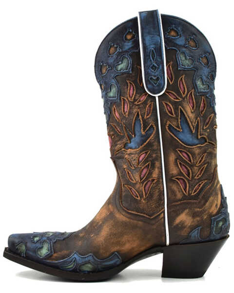 Image #3 - Dan Post Women's Humming Bird Heart and Floral Inlay Western Boots - Snip Toe , Orange, hi-res