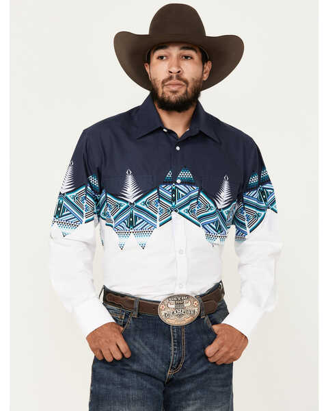 Panhandle Men's Southwestern Border Print Long Sleeve Pearl Snap Western Shirt, White, hi-res