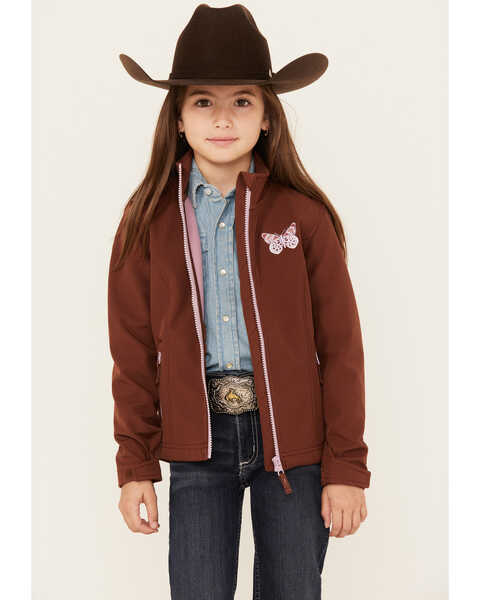 Shyanne Girls' Butterfly Embroidered Softshell Jacket , Chocolate, hi-res