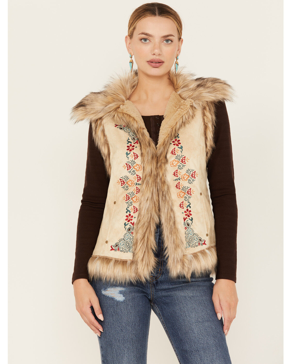 Image #1 - Tasha Polizzi Women's Chateau Faux Suede Embroidered Vest, Tan, hi-res