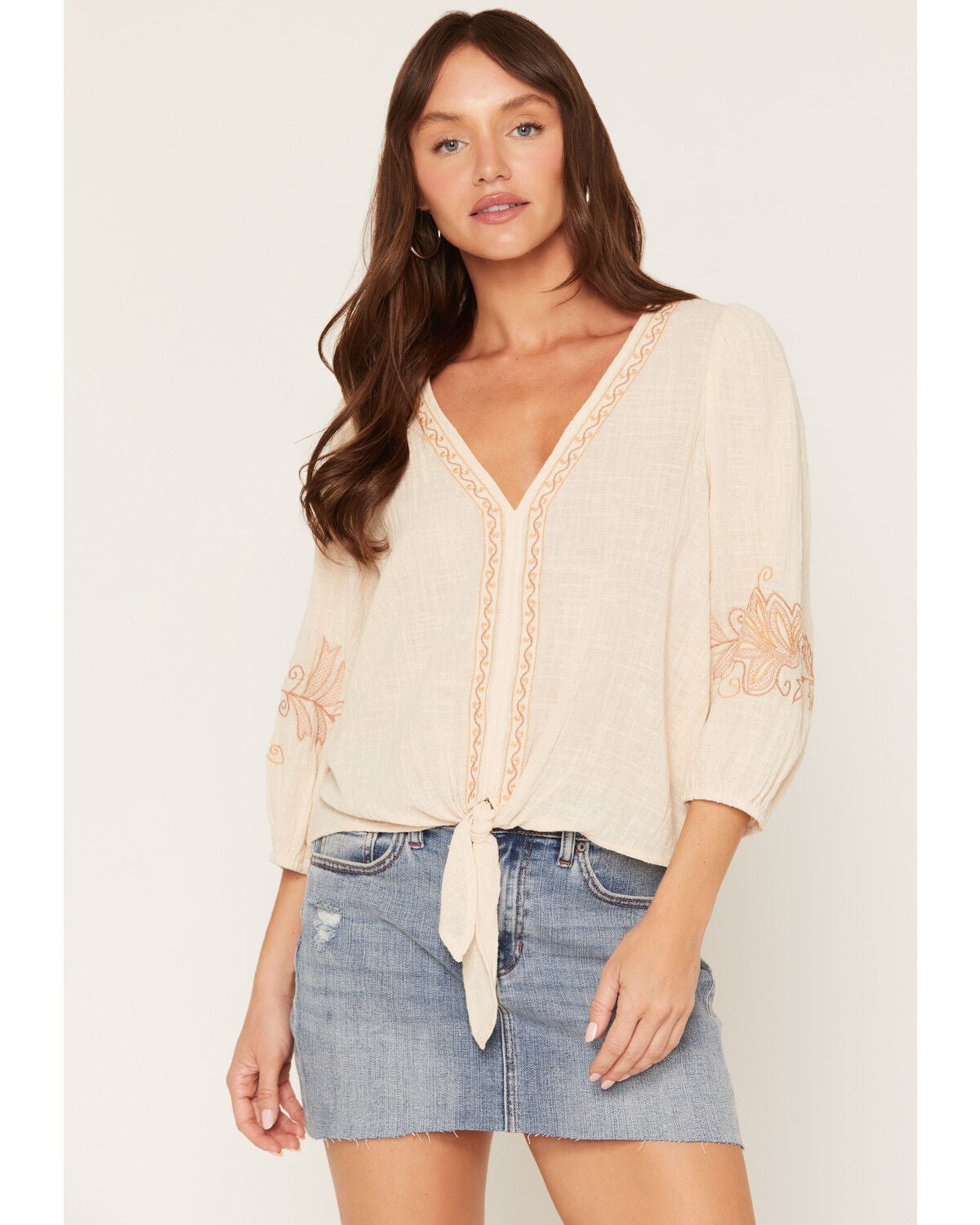 Image #1 - Lovestitch Women's Embroidered Long Sleeve Shirt, Peach, hi-res