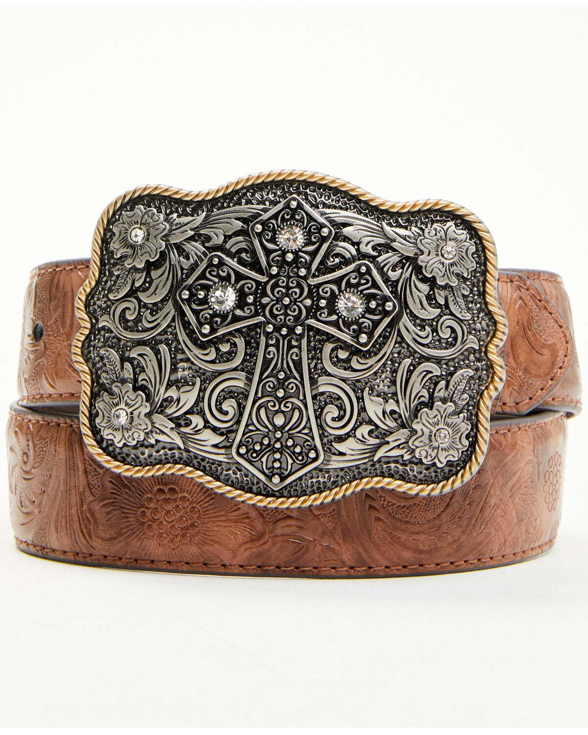 Shyanne Girls' Cross Buckle Floral Embossed Belt, Brown, hi-res