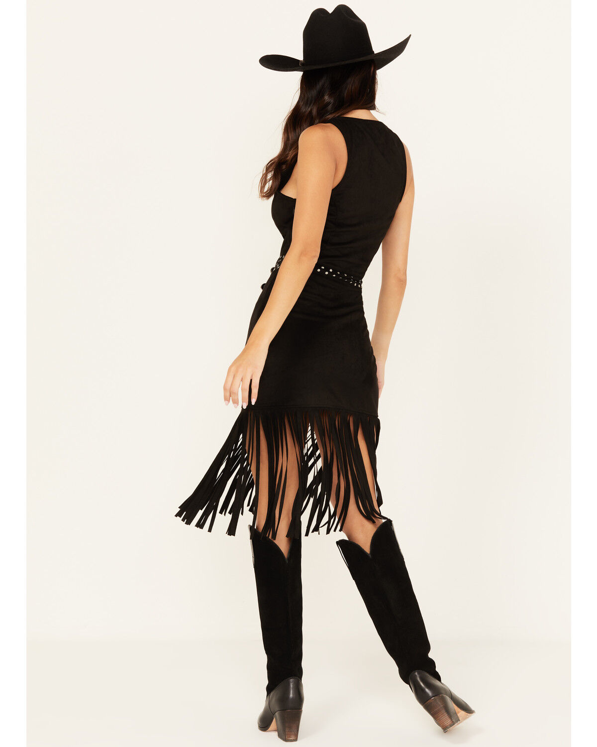 Image #4 - Rock & Roll Denim Women's Faux Suede Fringe Belted Mini Dress, , hi-res