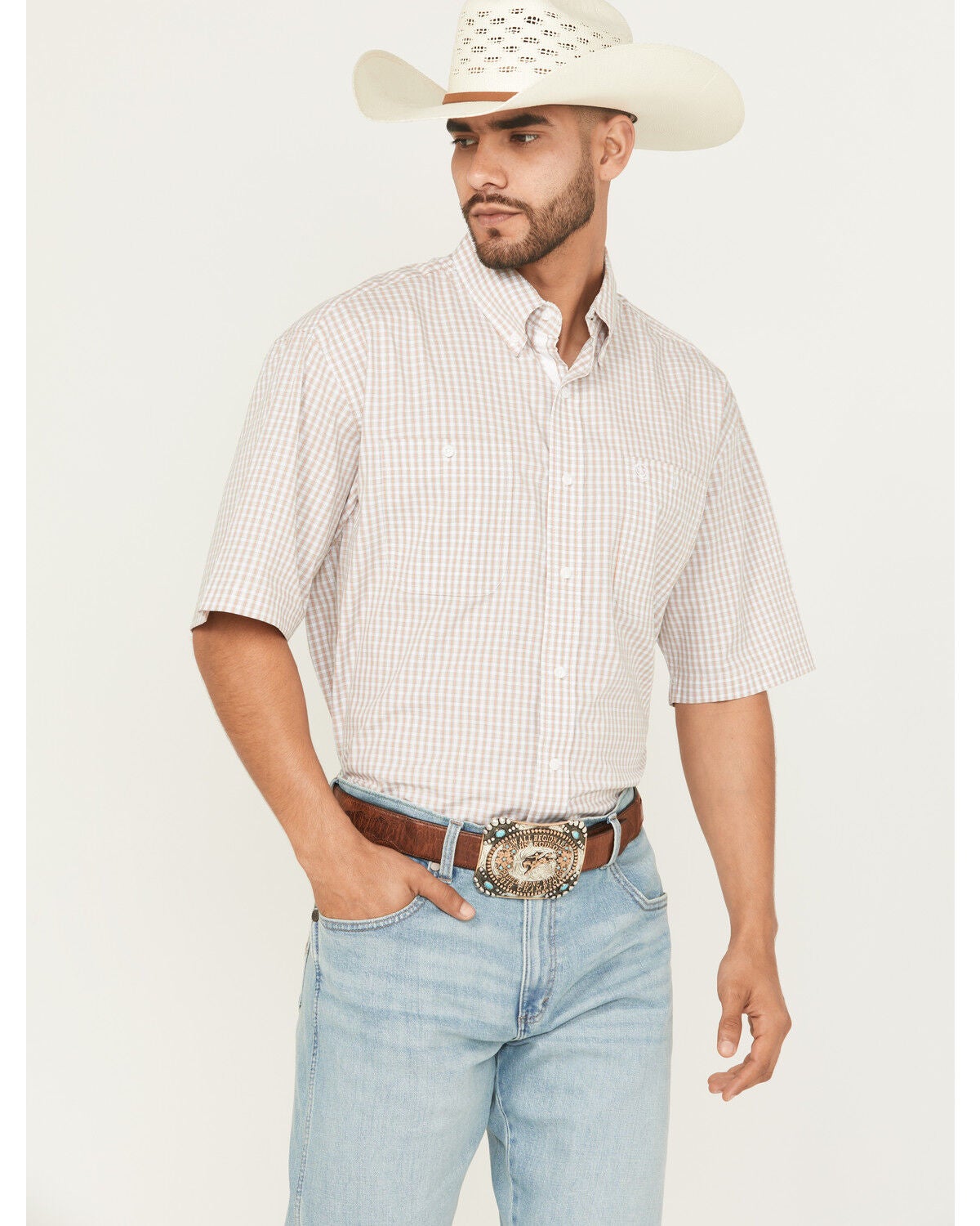 Image #1 - George Strait by Wrangler Men's Plaid Print Short Sleeve Button-Down Stretch Western Shirt, Multi, hi-res