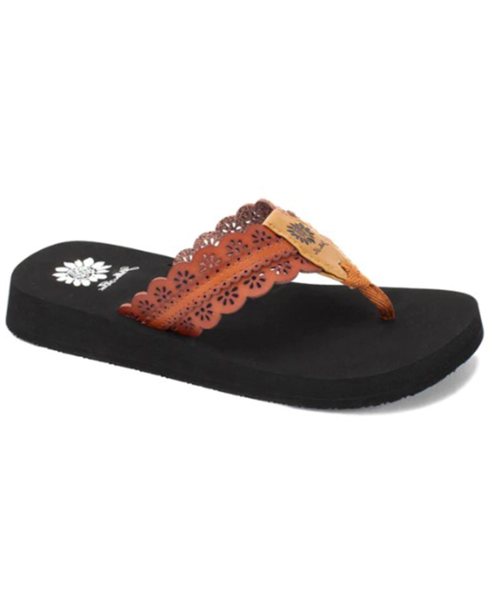 Brown yellow box flip flops on sale