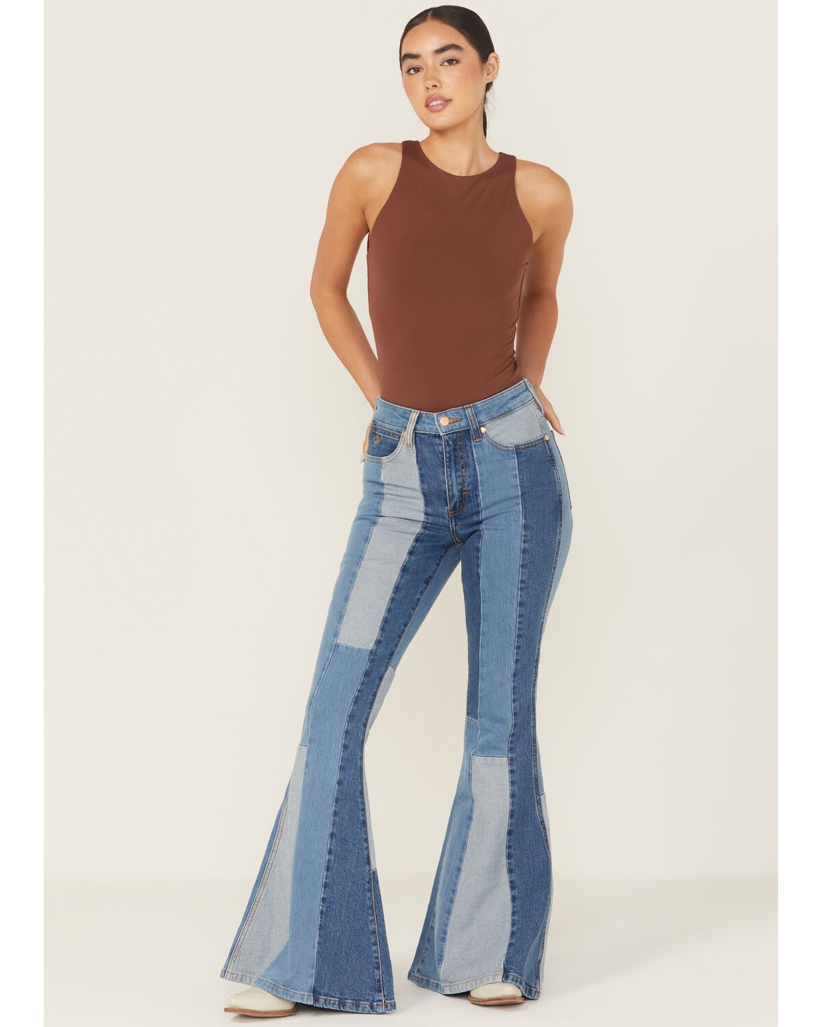Image #2 - Wrangler X Lainey Wilson Women's High Rise Patchwork Flare Stretch Denim Jeans, Blue, hi-res