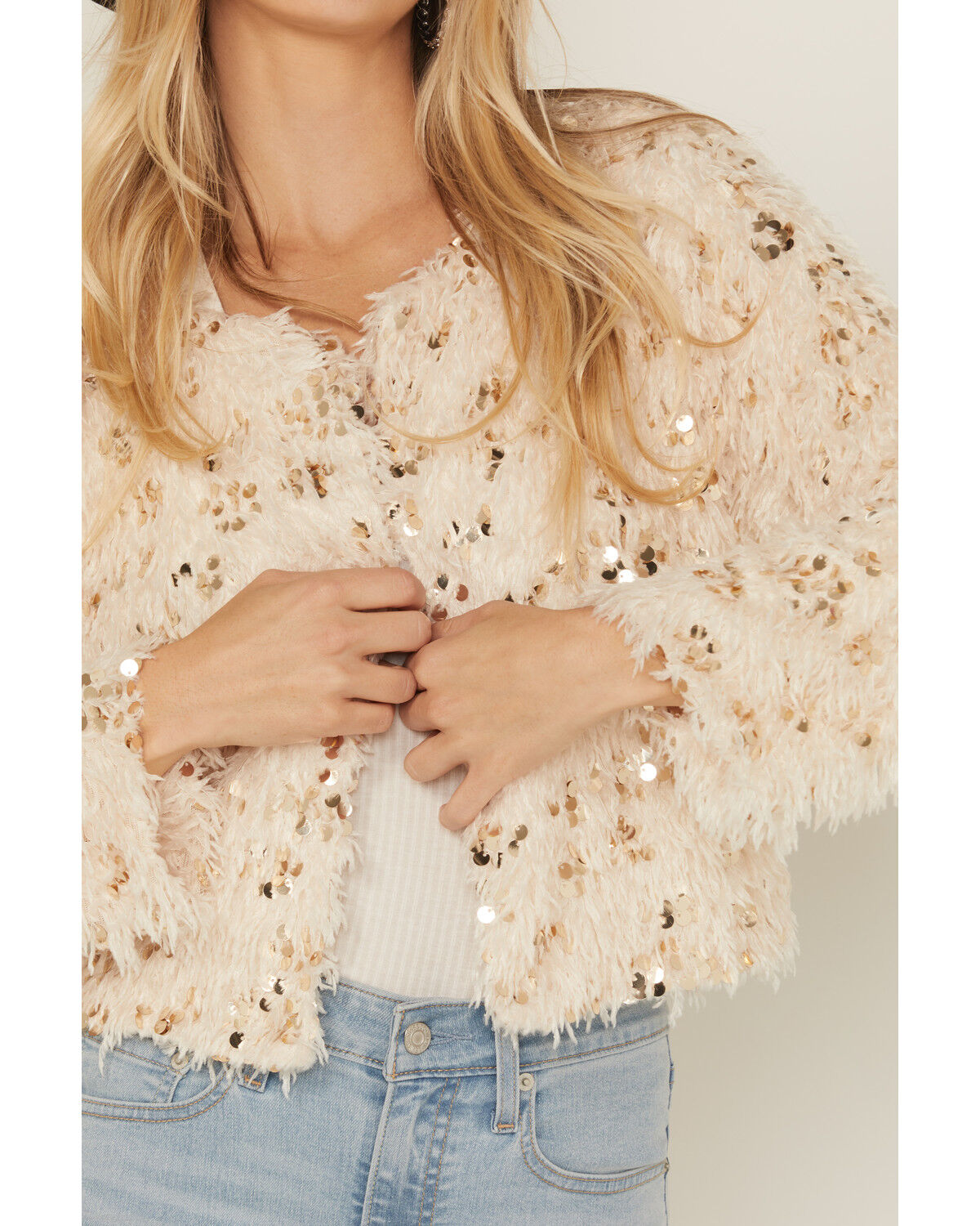 Image #3 - Skies are Blue Women's Feathered Cropped Jacket, Cream, hi-res