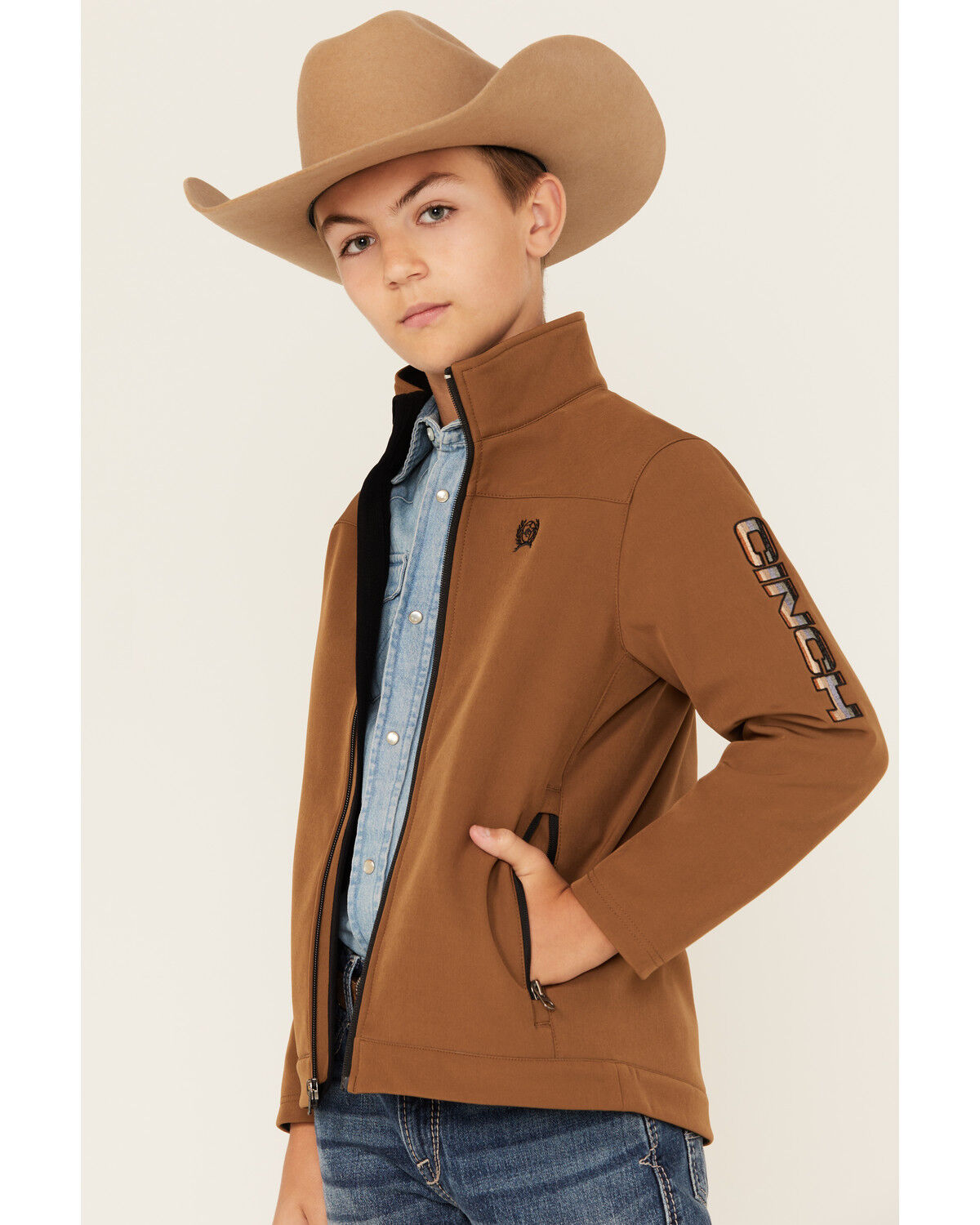 Image #1 - Cinch Boys' Logo Bonded Softshell Jacket, Brown, hi-res